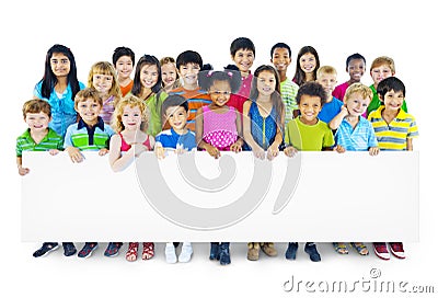 Multi-Ethnic Group of Children Holding Empty Billboard Stock Photo