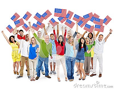 Multi-Ethnic Group Of People With American Flag Stock Photo