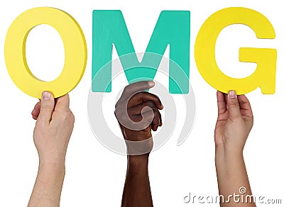 Multi ethnic group of people holding the word OMG Stock Photo