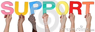 Multi ethnic group of people holding the word support Stock Photo