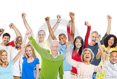 Multi-Ethnic Group Of People Raising Their Arms Stock Photo