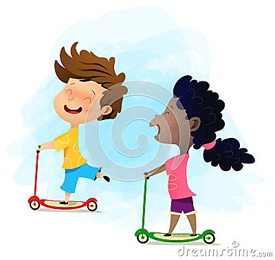 Multi-ethnic kids riding on scooters. Weekends concept illustration. Vector Illustration