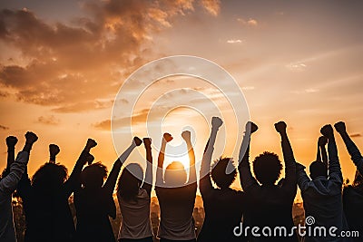 Multi-ethnic people raise their fists up in the air. autumn sunset background Stock Photo