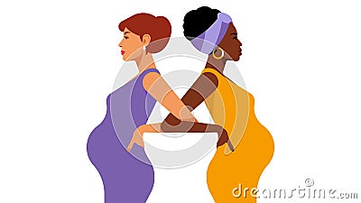 Multi-ethnic pregnant women. Black and white women are expecting a baby. The concept of multinationality, ethnic diversity and the Vector Illustration