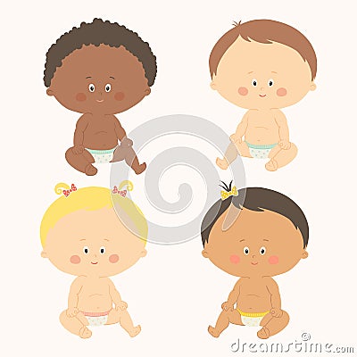 Multi-ethnic set of four babies sitting. Toddler girls and boys. Vector Illustration