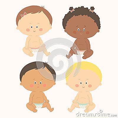 Multi-ethnic set of four babies sitting. Toddler girls and boys. Cartoon vector hand drawn eps 10 illustration isolated Vector Illustration