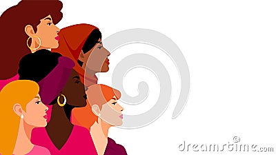 Multi-ethnic women. A group of beautiful women with different beauty, hair and skin color. The concept of women, femininity, diver Vector Illustration