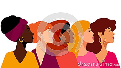 Multi-ethnic women. A group of beautiful women with different beauty, hair and skin color. Vector Illustration