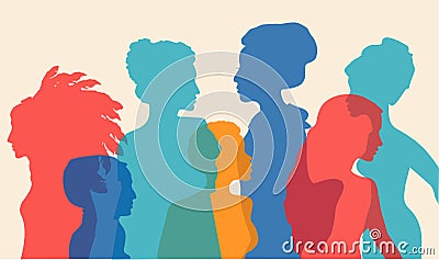 Multi-ethnic women silhouette. Different ethnicity women African, Asian, Chinese, European, Arab. Racial equality and Vector Illustration