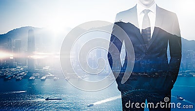 Multi exposure of young business man in the modern Stock Photo