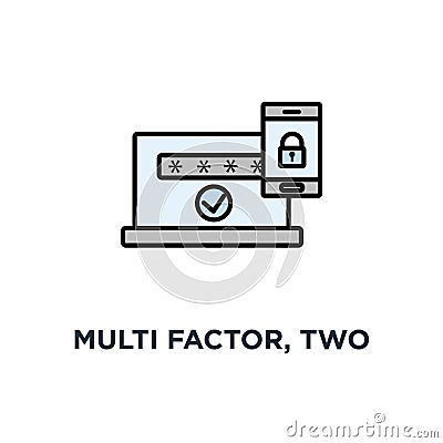 multi factor, two steps authentication, online access control icon, symbol of mobile phone with lock, password and authorization Vector Illustration