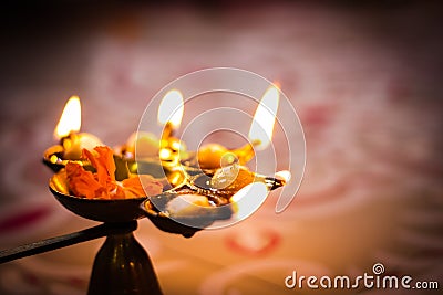 Multi flame lamp panchapradip as an offering to god for worship Stock Photo