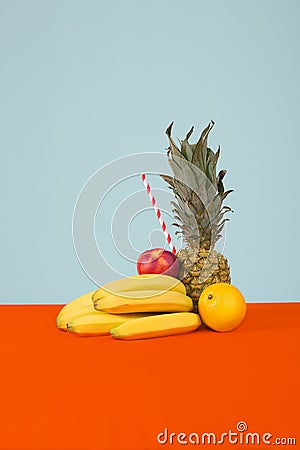 Multi fruits composition with paper straw. Stock Photo