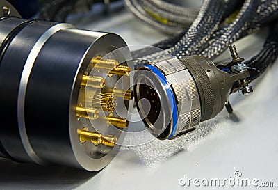 Multi-function cable assembly. Power connector close-up. Power cable connections. Stock Photo