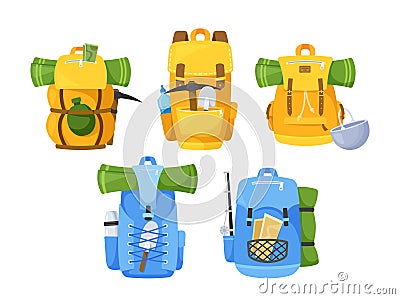 Multi-functional Traveler Backpack Set Comes With Multiple Sizes And Compartments For Various Uses. Lightweight Vector Illustration