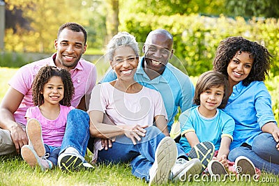 Multi Generation African American Family Sitting In Garden Stock Photo