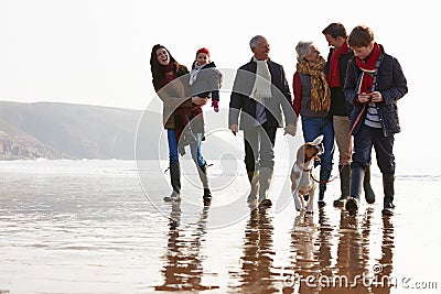 Multi Generation Family Walking On Winter Beach With Dog Stock Photo