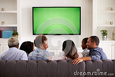 Multi generation family watching TV and laughing, back view Stock Photo