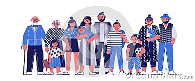 A multi-generational family together, young parents with children, grandparents and grandchildren on a white background Vector Illustration