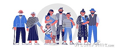 A multi-generational family together, young parents with children, grandparents and grandchildren on a white background Vector Illustration