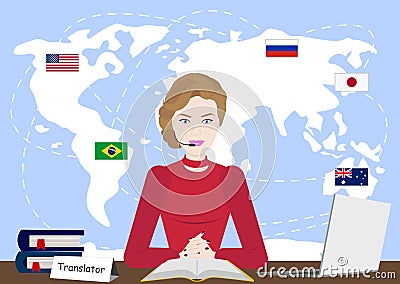 Multi language translator concept illustration. Girl on computer talking different languages using translation app Vector Illustration