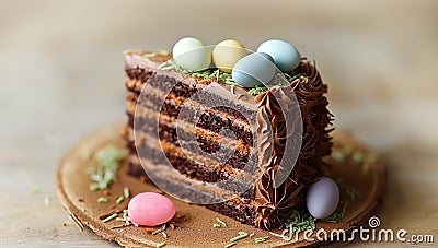 Multi-layered chocolate cake with pastel Easter eggs and cream frosting. Easter cake Stock Photo