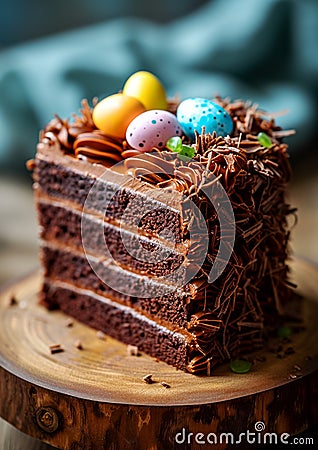 Multi-layered chocolate cake with pastel Easter eggs and cream frosting. Easter cake Stock Photo