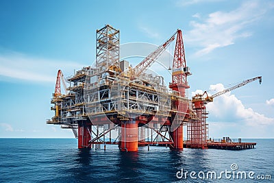 a multi-level oil platform standing in the middle of the ocean,producing oil and gas for industry,the concept of the oil and gas Stock Photo