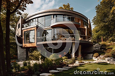 Multi level open concept modern hose with curved exterior. AI generated. Stock Photo