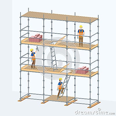 Multi-level scaffolding with workers on them Vector Illustration