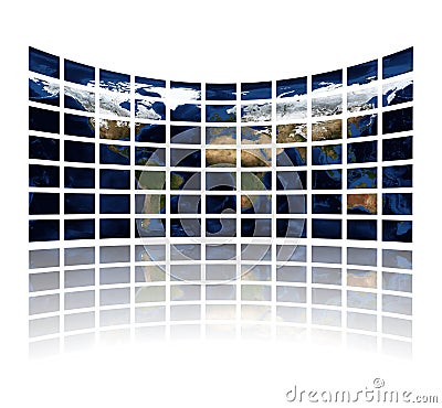 Multi media screens displaying the atlas Stock Photo