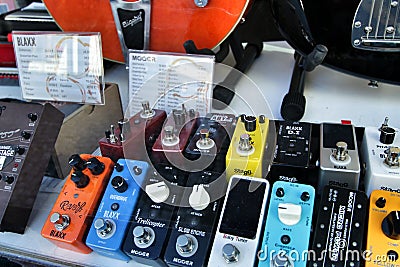 Multi-modulation pedals in a showcase Editorial Stock Photo