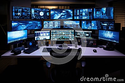 Multi monitor cybersecurity analyst workstation monitoring system with multiple screens Stock Photo