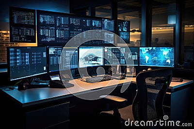 Multi monitor cybersecurity analyst workstation monitoring system with multiple screens Stock Photo