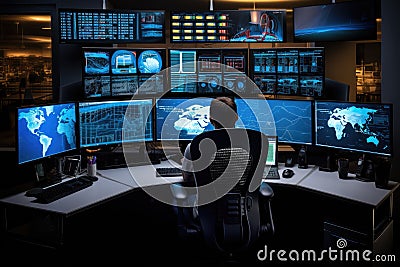 Multi monitor cybersecurity analyst workstation monitoring system with multiple screens Stock Photo