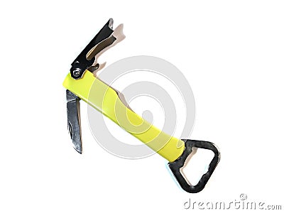 A multi purpose tool folding camping opener knife with yellow handle Stock Photo