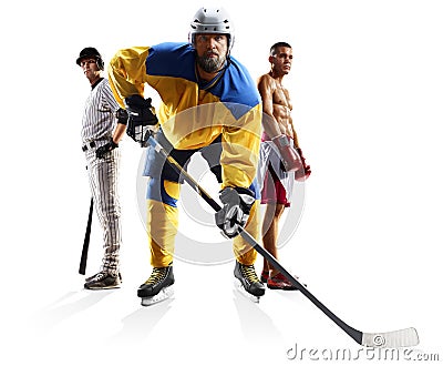 Multi sports collage ice hockey baseball boxing isolated on white Stock Photo