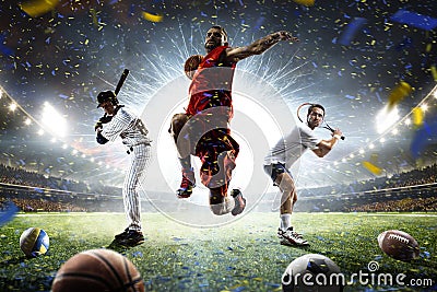 Multi sports players in action collage on grand arena Stock Photo