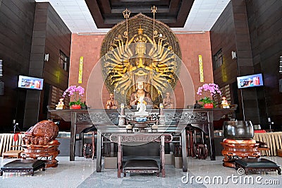 Main prayer hall and statues of Sakyamuni Buddha and Guanyin in Foo Hai Chan Monastery, a Chinese Zen temple, Singapore Editorial Stock Photo