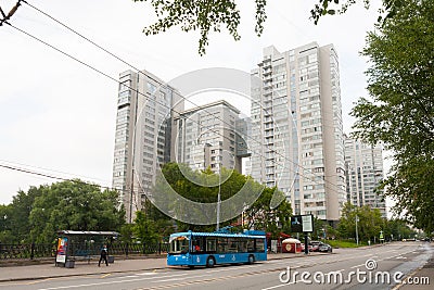 Multi-story apartment houses and a trolley in Moscow 13.07.2017 Editorial Stock Photo