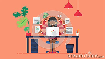Multi tasking afro business woman at workplace Cartoon Illustration