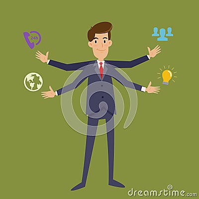 Multi Tasking Businessman With Four Arms Vector Illustration