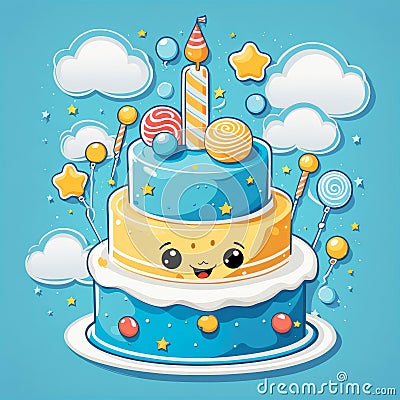 multi-tiered cake with candle on top for birthday party, stars on blue background. Cute illustration. Cartoon Illustration