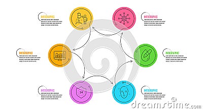 Bitcoin project, 24 hours and Eye drops icons set. Multichannel, Health skin and Statistics signs. Vector Vector Illustration