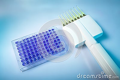 Multichannel pipette and microplate with 96 wells in the laboratory of Science research Stock Photo