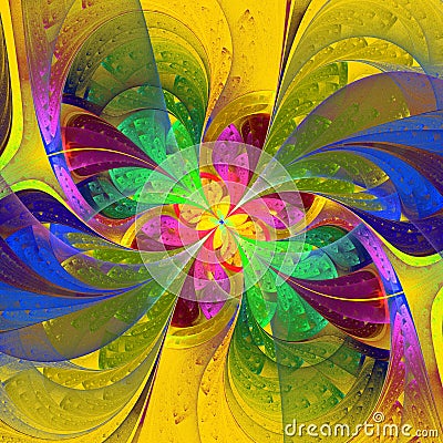 Multicolor beautiful fractal flower on yellow background. Computer generated graphics. Stock Photo