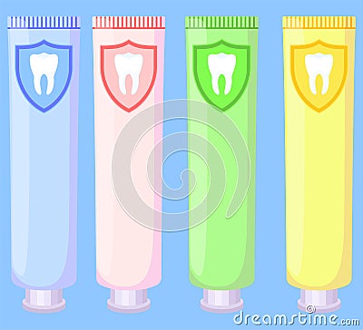 Multicolor cartoon toothpaste tube set Vector Illustration