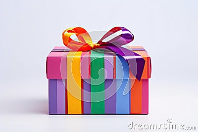 Multicolor colorful gift box with bright ribbon on white background. Stock Photo