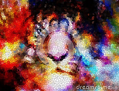 Multicolor cosmic tiger face collage, computer graphic with mosaic effect. Stock Photo