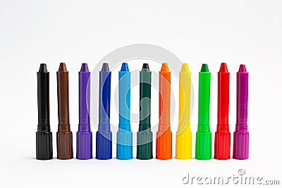 Multicolor crayon pencils for coloring on white background. Stock Photo